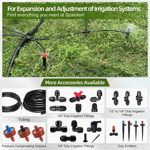 Installed system with various drip irrigation fittings, including 1/2" to 1/4" fittings and emitters on grass, promoting Spalolen products.