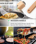 Heavy Duty Griddle Spatula Set With Stainless Steel Spatulas And Griddle Scraper Commercial Grade Kitchen Tools For Grill Masters And Home Cooks Durable Handles With Triple Rivets in use on grill with food.