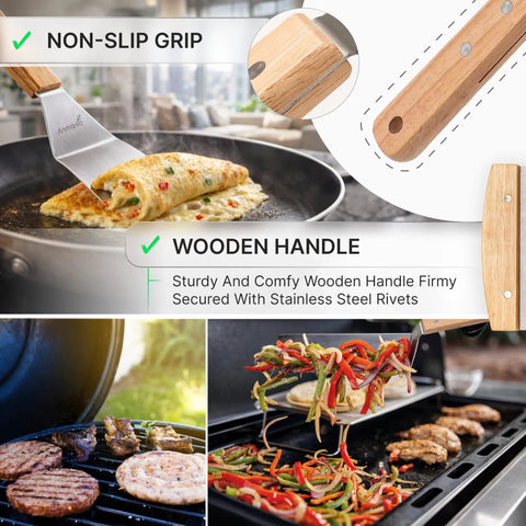 Heavy Duty Griddle Spatula Set With Stainless Steel Spatulas And Griddle Scraper Commercial Grade Kitchen Tools For Grill Masters And Home Cooks Durable Handles With Triple Rivets in use on grill with food.