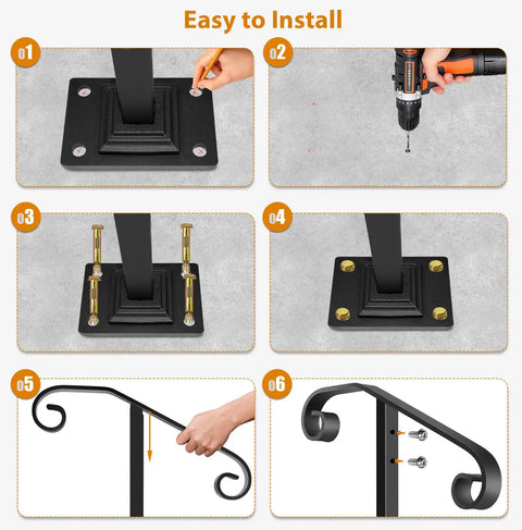 Rock Solid Outdoor Single Post Handrail Wrought Iron Step Railing Black Finish installation steps with tools and parts.
