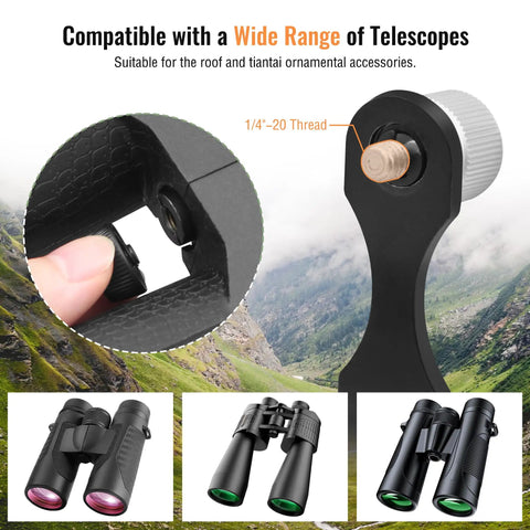 Binocular Tripod Mount With Quick Release Universal L Type Aluminum Mount showing compatibility with various binoculars and 1/4-20 thread