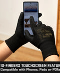 A3 Cut Resistant Gloves With Nitrile Grip Coating For Fishing And Woodworking, Touchscreen Safe, Black X Large in use with smartphone