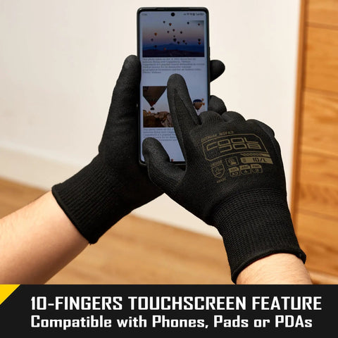 A3 Cut Resistant Gloves With Nitrile Grip Coating For Fishing And Woodworking, Touchscreen Safe, Black X Large in use with smartphone