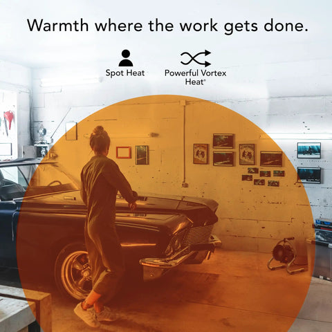 Garage with classic car and Velocity Tuned Heat Garage Heater With Fan And Tilt Head For Quick Warmth in use