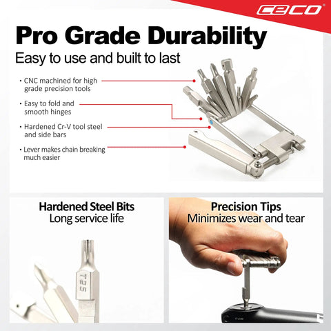 Infographic showing Ultra Slim 13 Function Bike Tool With Chain Breaker, detailing features like hardened steel and precision tips.