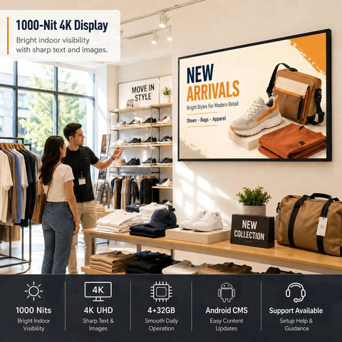 Heavy Duty 65 Inch Wall Mounted Digital Signage Display 4K Menu Board Indoor Commercial Business Advertising Screen in a retail setting.