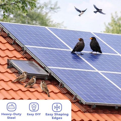 6 Inch By 100 Ft Solar Panel Bird Guard Kit With 100 Fastener Clips installed on rooftop