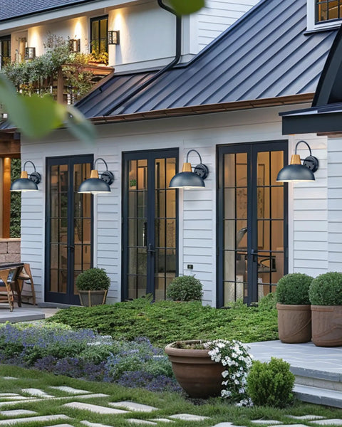 Two Pack Dusk To Dawn Barn Lights Gooseneck Outdoor Wall Sconces With Hammered Metal Shade Black Finish Auto On Off Sensor