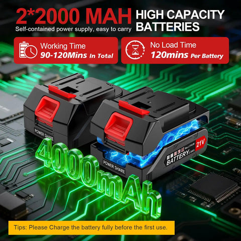 Dual 21V 2.0Ah batteries for Cordless Weed Wacker With Wheels Electric Trimmer on electronic circuit board background.
