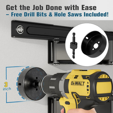 In Wall Cable Management Kit No Mess Wires Hiding Power And Low Voltage Cables With Hole Saw Drill For Easy TV Mounting Cord Hider demonstration of included hole saw attachment on electric drill for 3-inch drilling. 
