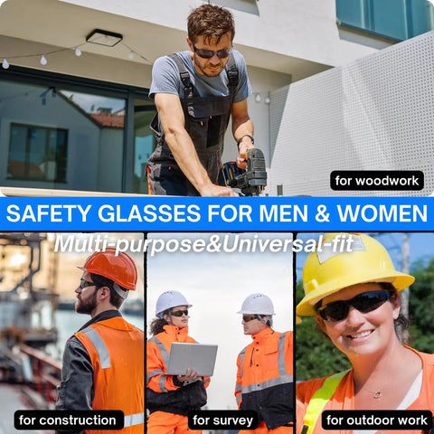 Legit Heavy Duty Smoke Tinted Safety Glasses 12 Pack With 12 Noise Blocking Silicone Ear Plugs NRR 25dB ANSI Z87 Rated For Shooters And Tradesmen Built Like A Tank For The Daily Grind No BS, showing diverse workers using safety glasses.