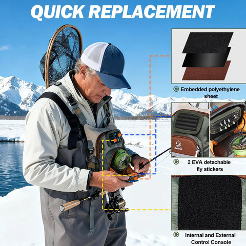 Man using Lightweight Fly Fishing Chest Pack Waterproof Tackle Bag With Multiple Compartments For Wade Fishing by a snowy lake.