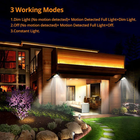 Wireless Outdoor Solar Flood Lights With Motion Sensor Two Pack installed on modern house highlighting three working modes