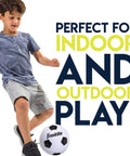 Child playing soccer with Franklin ball, highlighting Mini Soccer Goal Set For Kids Kid Friendly Easy Backyard And Indoor Play.