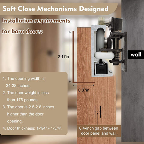 Side view of Concealed Sliding Barn Door Hardware Kit With Soft Close For 24 To 28 Inch Passage Openings on wooden door.