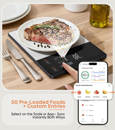 Smart Nutrition Scale For Real Foodies Tracks Calories Fat Carbs And Protein With TFT Display And Easy App Sync shown with meal and app
