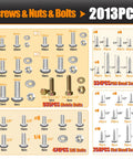 All In One 2013 Piece Nuts Bolts And Screws Set With SAE And Metric Hardware, Grade 8.8 Hex Bolts, Phillips Pan Head And Flat Head Wood Screws, Washers And Nuts, 3 Tray Portable Kit For DIY Projects showing quantity and sizes.