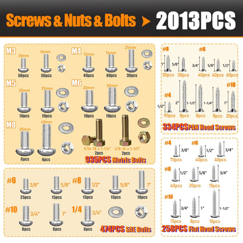 All In One 2013 Piece Nuts Bolts And Screws Set With SAE And Metric Hardware, Grade 8.8 Hex Bolts, Phillips Pan Head And Flat Head Wood Screws, Washers And Nuts, 3 Tray Portable Kit For DIY Projects showing quantity and sizes.