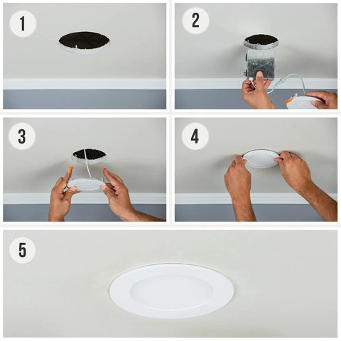 5-step installation of 4-Pack 3-Inch LED Color Selectable Ultra-Thin Recessed Ceiling Downlights With J-Box Dimmable 2700K-6000K Fixture