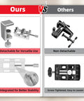 Comparison image of Built Tough Mini Drill Press Vise and C Clamp Desktop Mount With Slick Aluminum Body features versus competitors.