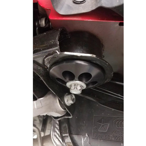 Beefy Aluminum Rear Cradle Bushing Kit For Hardcore Street Drift And Circuit Track Builds To Zero Out Body Roll Boost Chassis Stiffness And Stick Every Turn With Direct Bolt On Install For Easy Garage Swaps. Close-up view of installed rear cradle bushing.