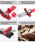 Pro Grade Chisel Sharpening Jig And Honing Guide For Woodworking Chisels And Planes 0.1 To 2.8 Inches Wide shown in step-by-step use