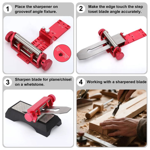 Pro Grade Chisel Sharpening Jig And Honing Guide For Woodworking Chisels And Planes 0.1 To 2.8 Inches Wide shown in step-by-step use