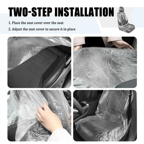 Two-step installation guide for Disposable Car Seat Covers 25 Pack Portable Seat Protectors For Cars Keep Your Seats Dust Free And Clean.