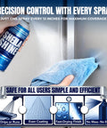 Person spraying stainless steel cleaner and polish 10oz on appliance, showcasing residue-free shine, no greasy residue left behind.