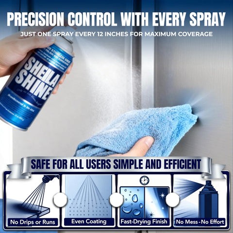 Person spraying stainless steel cleaner and polish 10oz on appliance, showcasing residue-free shine, no greasy residue left behind.