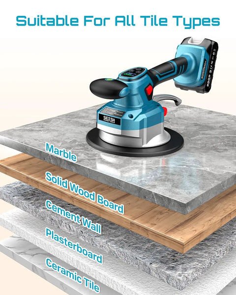 Tile Vibration Tool With 145mm Suction Cup, 10 Speed Vibration Leveler displayed on various surfaces including marble and ceramic.
