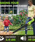 Woman using Ultra Lightweight Cordless String Trimmer And Leaf Blower Combo with 2Ah Battery for easy yard work, blowing leaves.