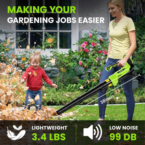 Woman using Ultra Lightweight Cordless String Trimmer And Leaf Blower Combo with 2Ah Battery for easy yard work, blowing leaves.