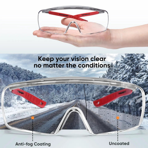 Over Glasses Safety Goggles With Anti Fog And Scratch Resistant Lenses ANSI Z87 Certified Clear Lens held over snowy scene.