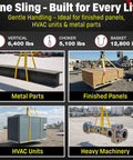 Image showcasing Built Like A Tank 2 Inch By 16 Foot Nylon Endless Lifting Sling USA made, lifting metal parts and HVAC units.