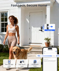 Built In WiFi Fingerprint Smart Lock With Lever Handle Set No Hub Needed App Remote Control Keyless Front Door Entry Deadbolt With Digital Backlit Keypad Voice Assistant Auto Lock Matte Black installed on front door.