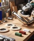 Yosoo Health Gear Pro Wool Polishing Wheel Kit With Angle Grinder And Three Color Compound Set For Metal Mirror Finish Buffing Tool in a workshop.