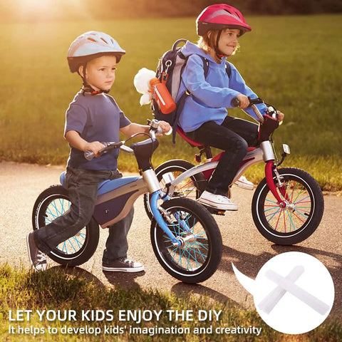 Two children riding bicycles with Spoke Skin Covers 72 Piece Pack For 8 To 21 Inch Rims Protect And Decorate Dirt Bikes