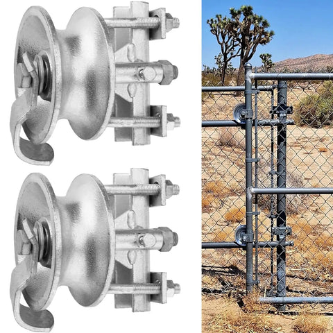 Heavy Duty Rolling Gate Hardware Kit With Galvanized Sliding System And 6 Inch Double Wheel Carrier Flat Plate Mount For Wood Or Wall Includes 2 Five Inch Galvanized Gate Rollers For Smooth Quiet Gate Operation, galvanized gate rollers on chain link gate