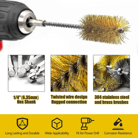 Eight Piece Bore Brush Set For Drills With 304 Stainless Steel And Brass Brushes One Quarter Inch Hex Shanks in use with drill