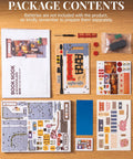Contents of Sakura Wine Alley Japanese Book Nook Kit for Adults and Teens, including wooden pieces and decorative elements.