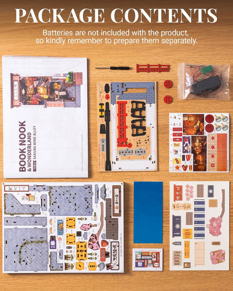 Contents of Sakura Wine Alley Japanese Book Nook Kit for Adults and Teens, including wooden pieces and decorative elements.