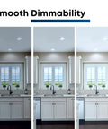 Three images showing dimmable effect of 5 to 6 Inch LED Recessed Downlight Retrofit Kit, 22W, 2000 Lumens, 5000K Daylight in a kitchen.