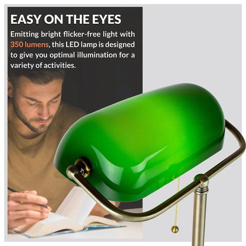Morgan Antique Green LED Bankers Desk Lamp With Adjustable Arm, Energy Efficient Task Light, Flicker Free 750 Lumens