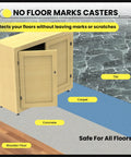 Furniture with eight half inch mini fixed caster wheels, low profile non swivel castors for cabinets on varied floor types.