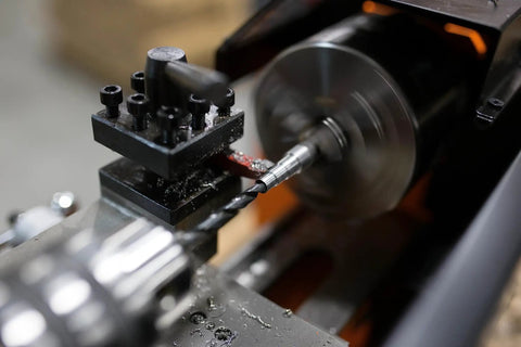 Close-up of 7 By 12 Inch Benchtop Metal Lathe With Variable Speed And Two Direction Control 100 To 2500 RPM Thread Dial In Action