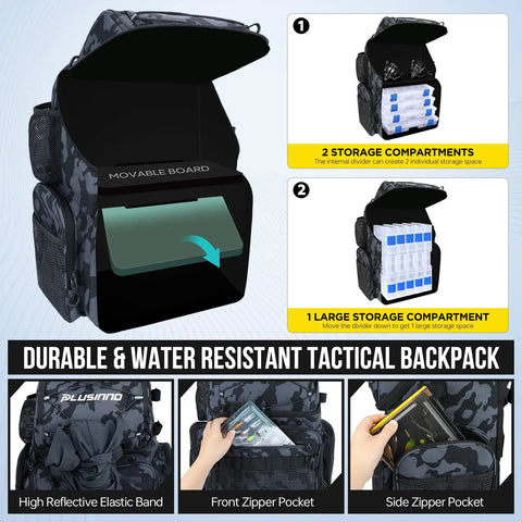 Fishing Backpack With Rod Holders And Cooler 45L Water Resistant Tackle Bag for camping with open compartments shown
