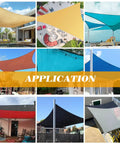 Collage of various shade sail applications, including 16x20 Foot Turquoise Sun Shade Sail Rectangle UV Block Up To 95 Percent Outdoor Canopy