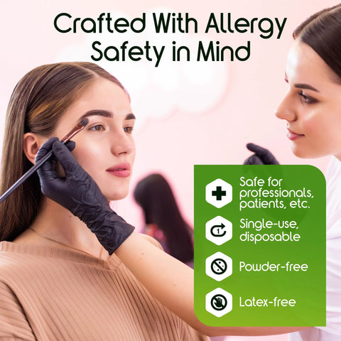 Front-view of makeup artist wearing black nitrile disposable gloves, applying makeup to client