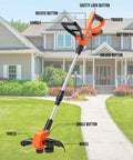 Two In One Cordless Weed Wacker and Lawn Edger with Auto Feed, 20 Volt Power shown in front of house, labels and parts visible
